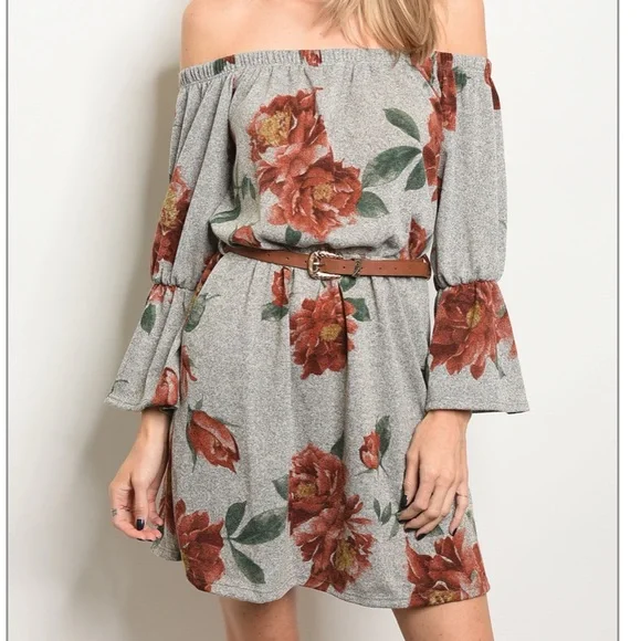 Grey, Floral Off The Shoulder Dress - Picture 1 of 2